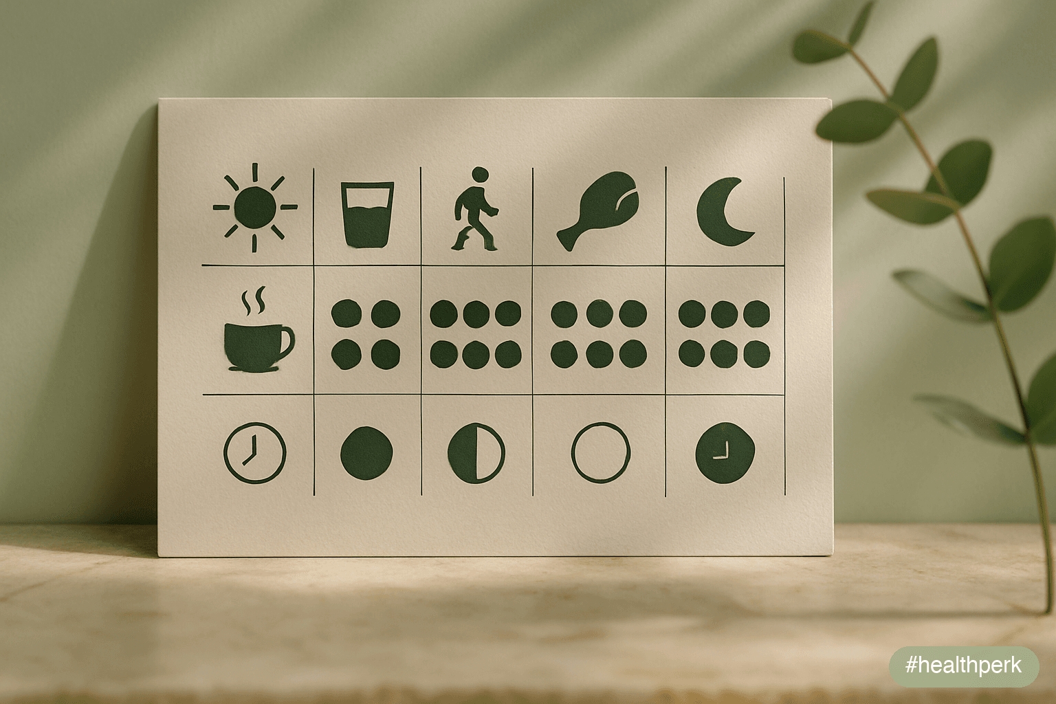 Visual grid showing seven habits (light, water, movement, protein, caffeine timing, dim evening, consistent sleep) tracked across a week — illustrating habits that increase energy levels through compounding.