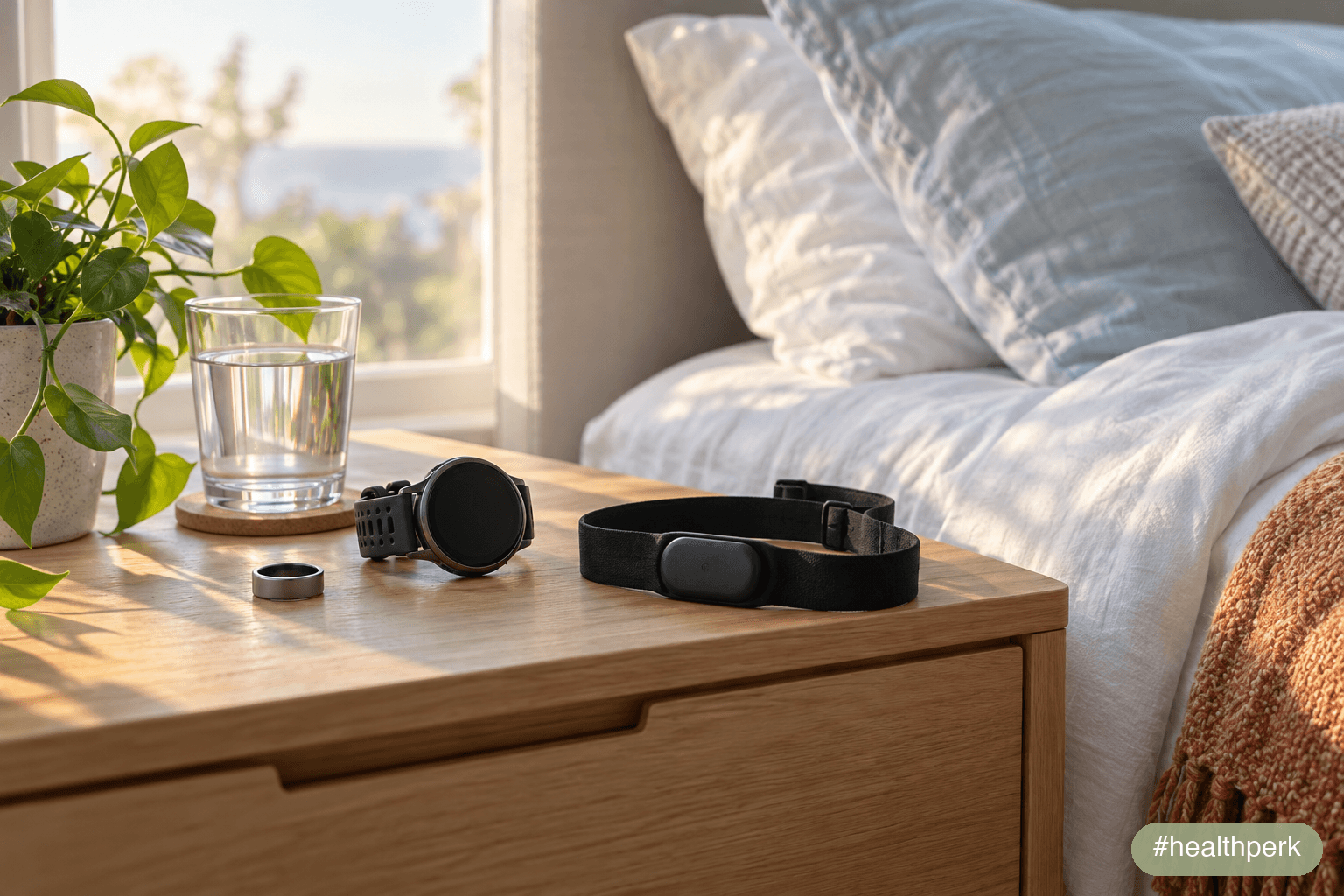 What is a good HRV: smart ring, fitness watch and chest strap on a bedside table in morning light