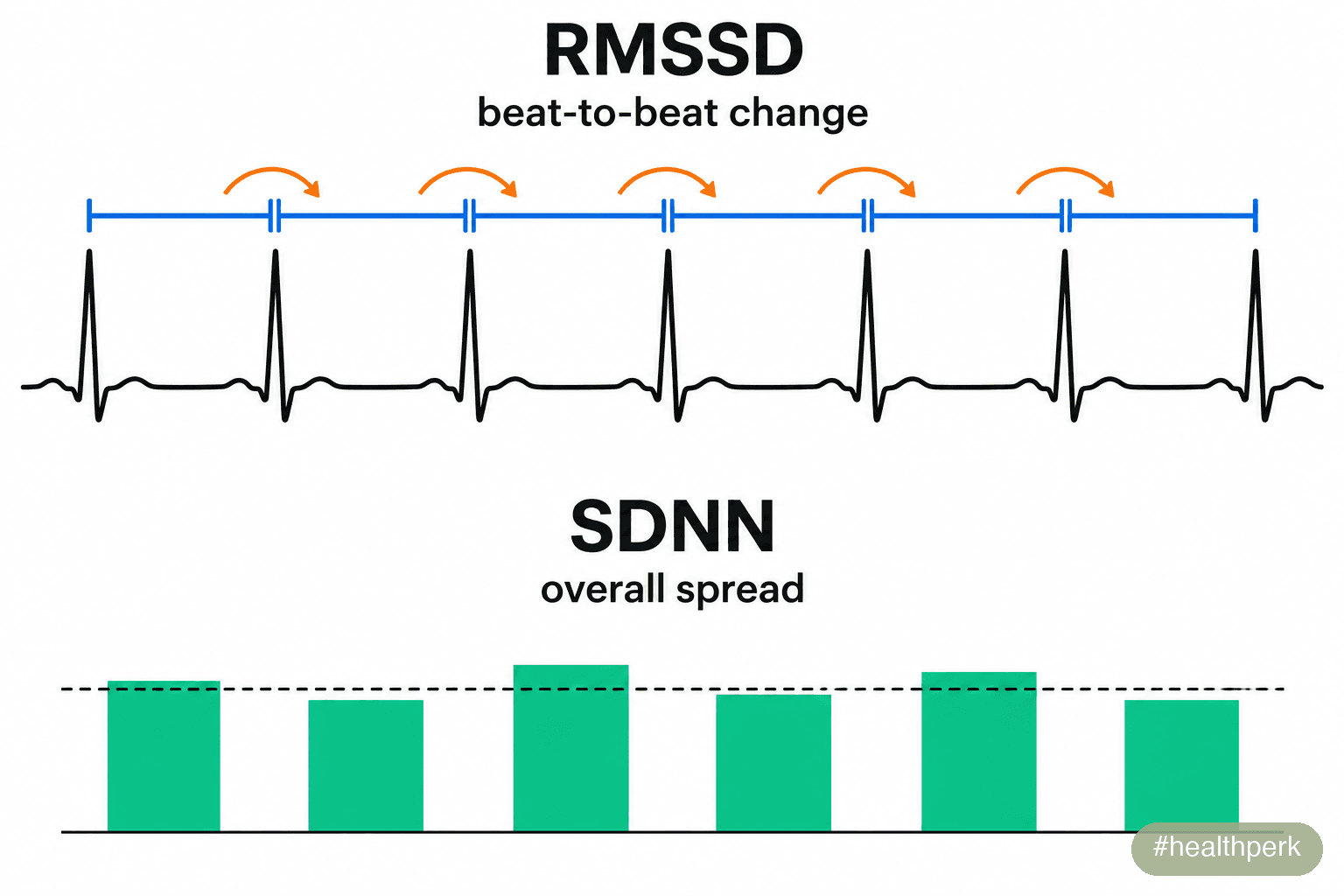 RMSSD vs SDNN schematic: beat-to-beat differences compared with the overall spread of heartbeat intervals