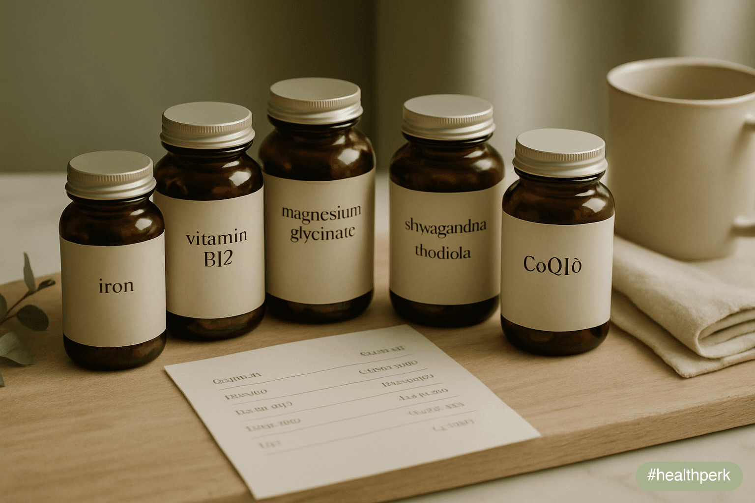 Wide horizontal still life of supplement bottles (iron, B12, vitamin D3, magnesium glycinate, ashwagandha, rhodiola, CoQ10) next to a printed blood panel showing ferritin, B12, 25(OH)D, and TSH — illustrating the best supplements for energy and fatigue and the test-before-supplement principle.
