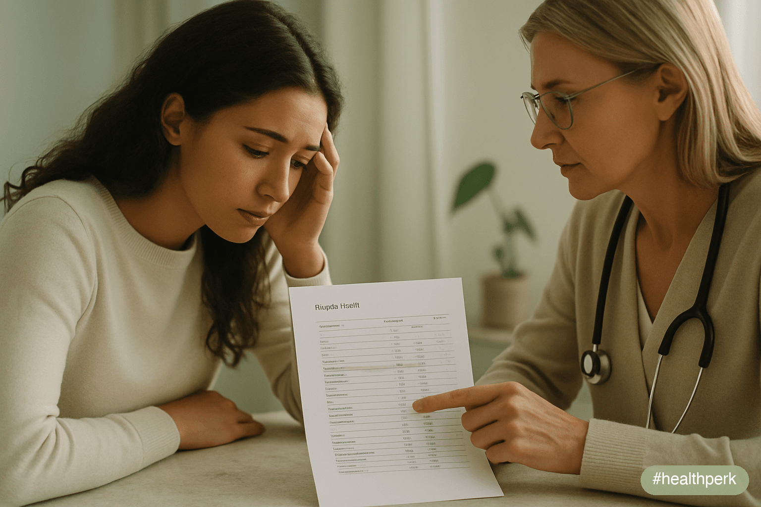 Wide horizontal photo of a woman seated across from a clinician at a desk, both looking at a printed blood-test report with ferritin and hemoglobin rows highlighted — illustrating iron deficiency fatigue symptoms and the importance of ferritin testing.