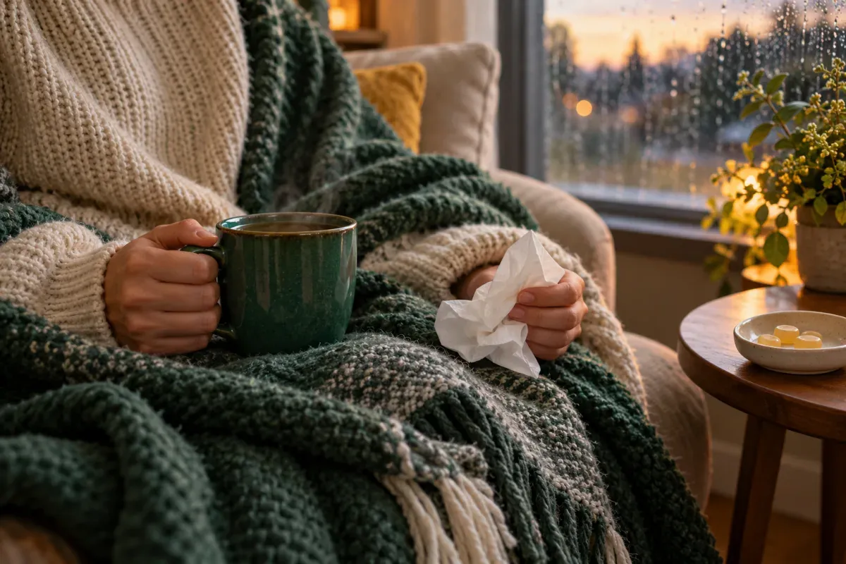 Hands holding a green mug and a tissue under a green knit blanket by a rainy window, with a dish of lozenges on a side table