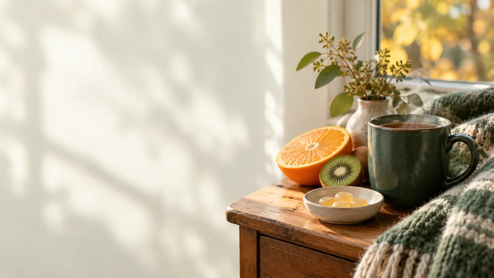 A steaming green mug of tea, a small dish of pale lozenges, half an orange and a kiwi on a sunlit wooden bedside table next to a green knit blanket